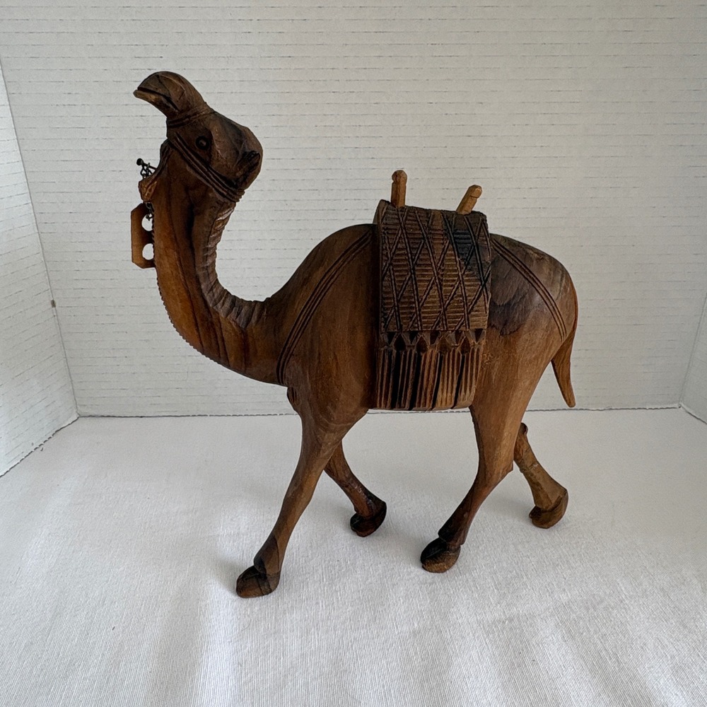 Vintage Hand Carved Wooden Camel Figurine Middle Eastern Folk Art 9.5 Inch